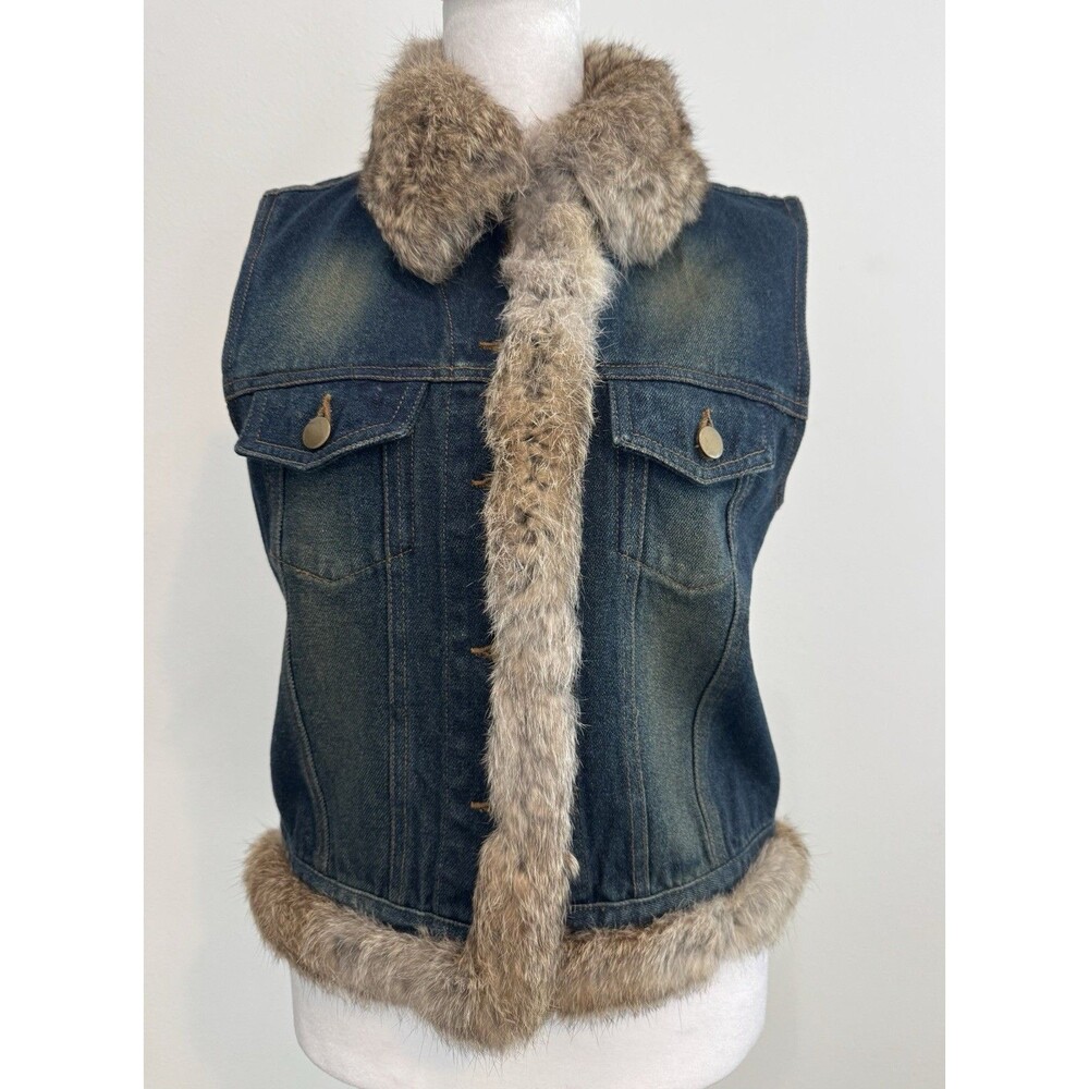 CEJON Y2K Blue Denim Jean VEST with Genuine Rabbit Fur Trim & Collar Womens Sz S